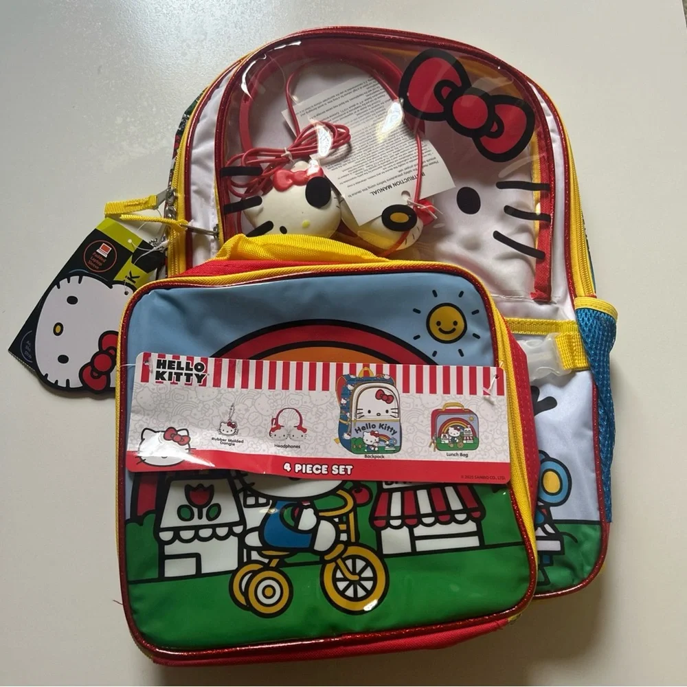 Hello Kitty Multi Color 4-Piece 17” backpack set with lunch box and more NWT